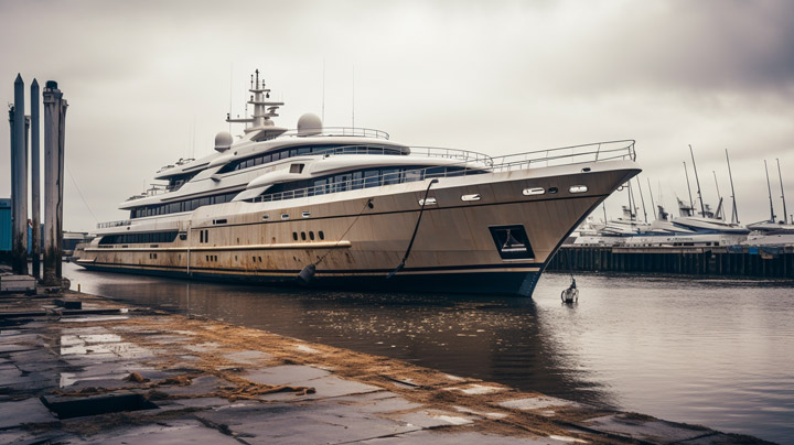 a rusty and partly destroid superyacht